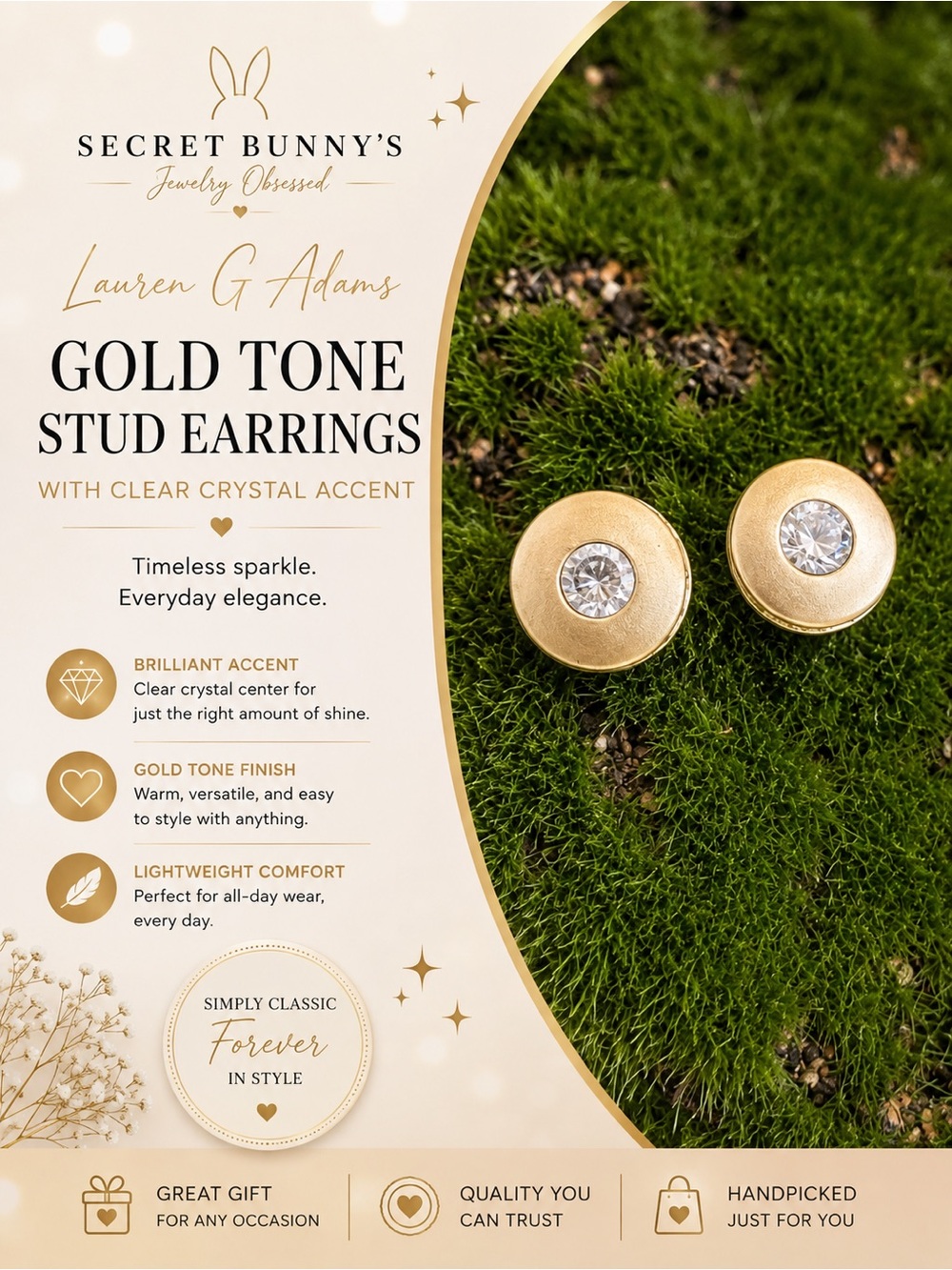 Lauren G Adams Gold Tone Stud Earrings with Clear Crystal Accent